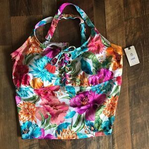 Terra & Sky Tankini Top Size 16-18W padded lace up tassels blue floral New w/tag